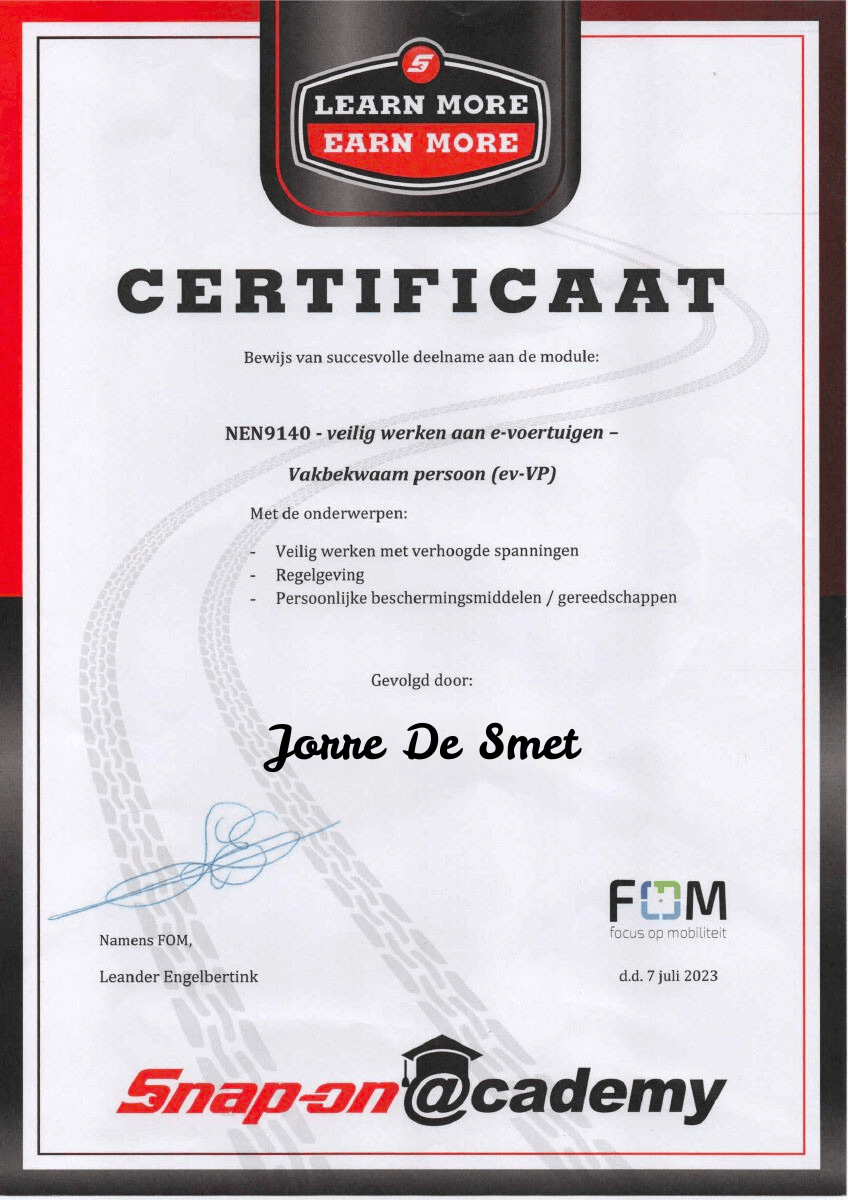 Snap-on Academy NEN 9140 certificaat